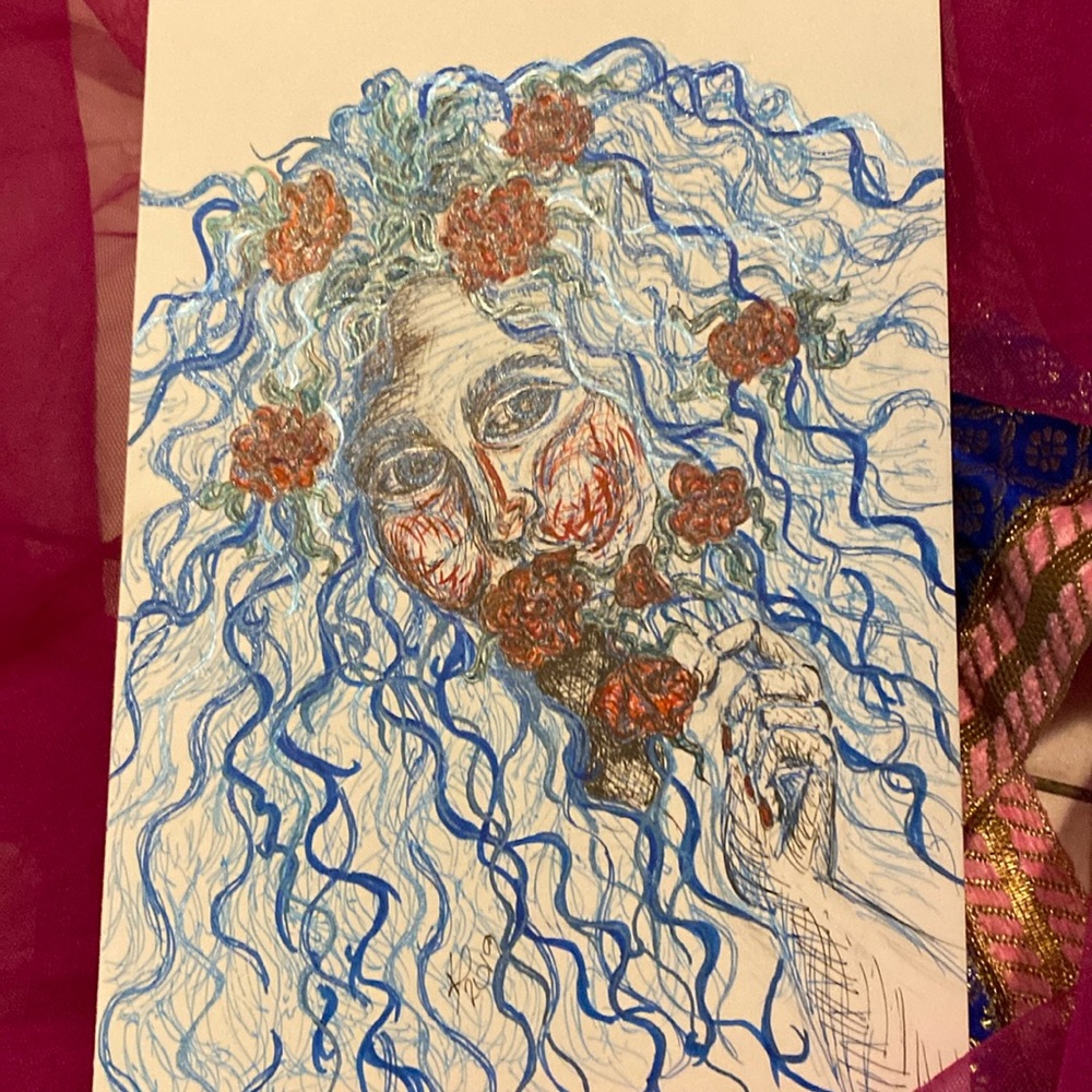 Unframed Original Art Illustration Drawing Portrait w Roses in Gel Pen & Ink